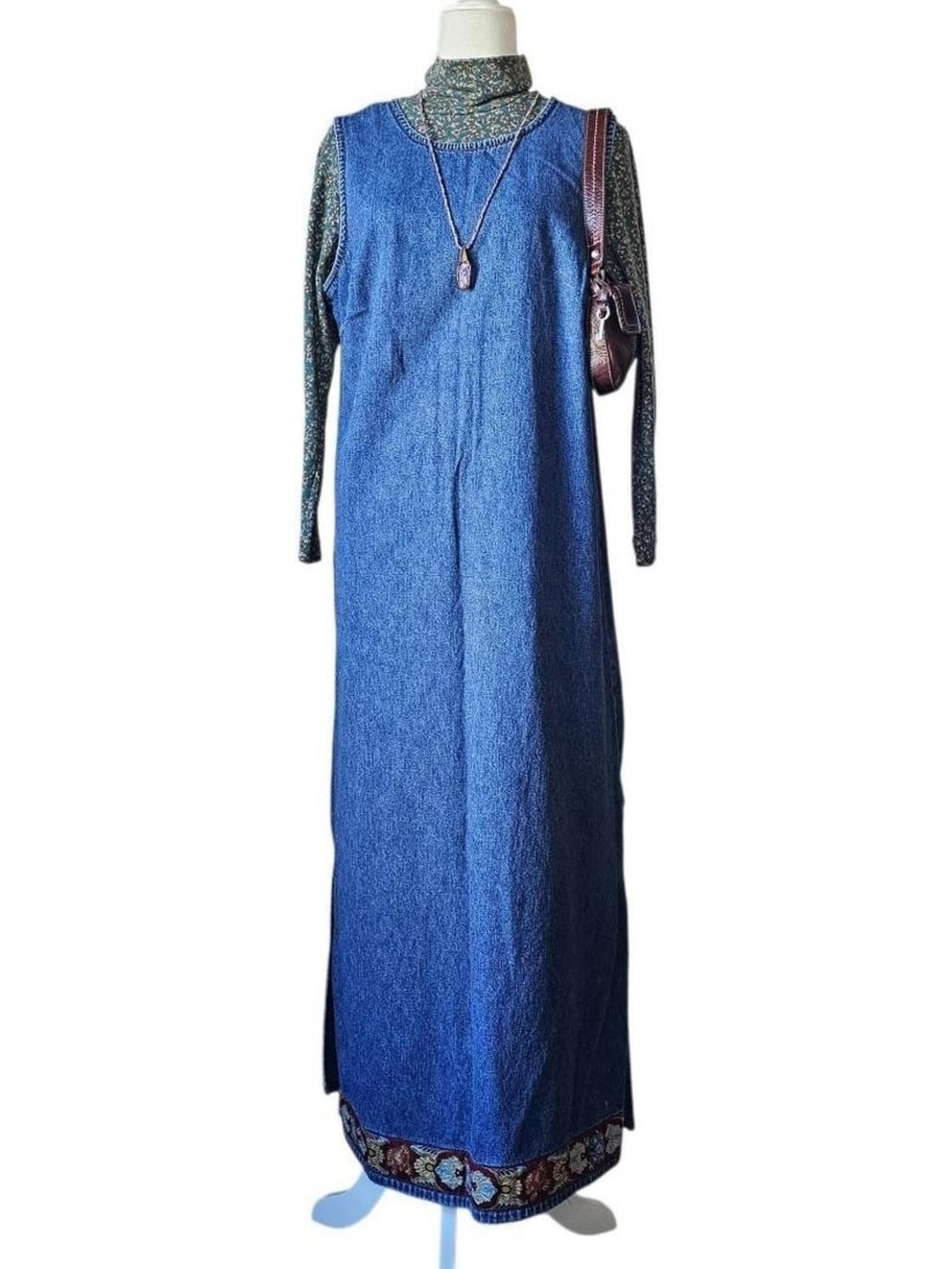 Vintage Denim Maxi Jumper Dress in Blue - Boho Whimsy Size 14